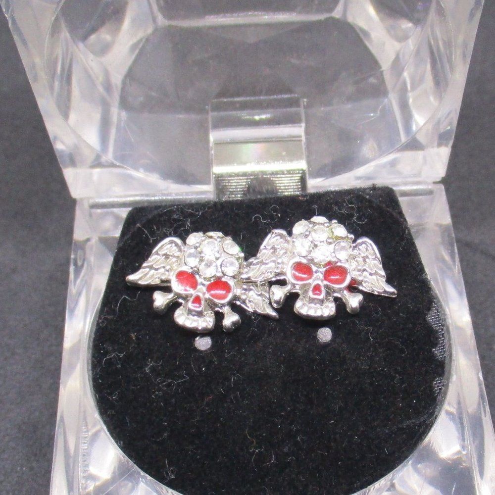Cubic Zirconia Skeleton Skull Ear Stud Earrings Gift Case